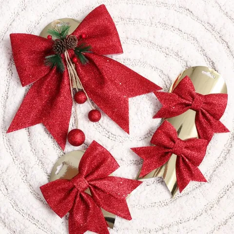 Glitter Christmas Bow Hanging Decoration with Natural Pine Cones Berries Red Gold Silver Ribbon for Christmas Tree Hotel Indoor Party Decor