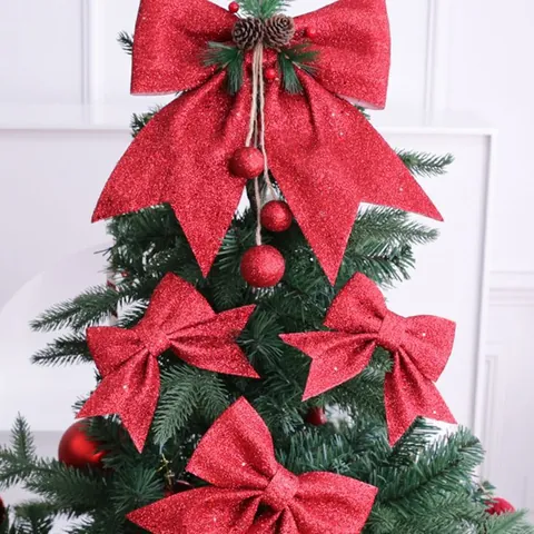 Glitter Christmas Bow Hanging Decoration with Natural Pine Cones Berries Red Gold Silver Ribbon for Christmas Tree Hotel Indoor Party Decor