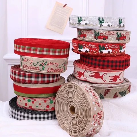 Christmas Decorative Ribbon Burlap Style Plaid Printed Festive Bow Gift Wrapping Materials Merry Christmas Ornament Home Decor