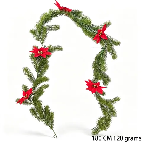 Artificial Plastic Christmas Garland Pine Needles With Red Poinsettia For Home Fireplace Stair Decoration Winter Festival Party Silk Flower Garland
