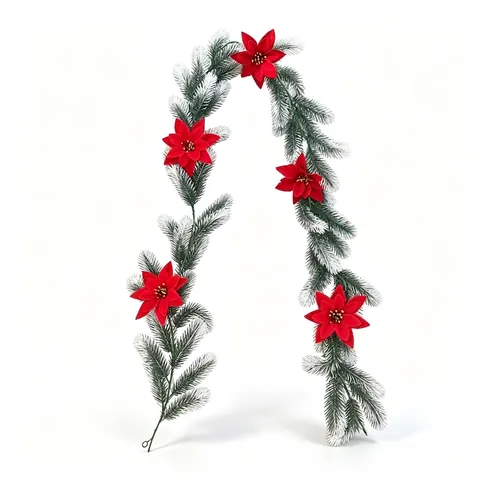 Artificial Plastic Christmas Garland Pine Needles With Red Poinsettia For Home Fireplace Stair Decoration Winter Festival Party Silk Flower Garland
