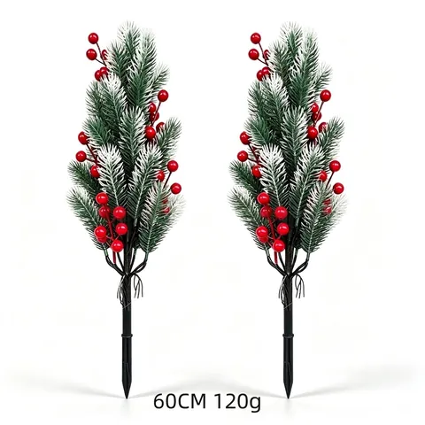 Artificial Christmas Pine Needle Stakes Outdoor Garden Yard Decor Snow Flocked Pine Cedar With Red Berries Christmas Supplies