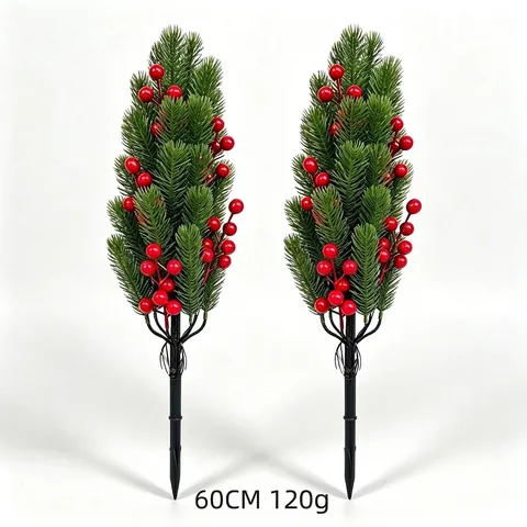 Artificial Christmas Pine Needle Stakes Outdoor Garden Yard Decor Snow Flocked Pine Cedar With Red Berries Christmas Supplies