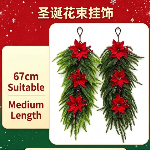 Ghirlanda Natalizia Artificiale in Pino di Norfolk e Poinsettia Decorazione da Appendere alla Parete Con Pigne Naturali e Bacche Rosse per Inverno