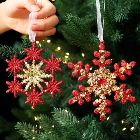 Christmas Red Glitter Sequins Hanging Ornaments Glitter Snowflake Reindeer Ballet Girl Bow Xmas Tree Party Decor Accessories