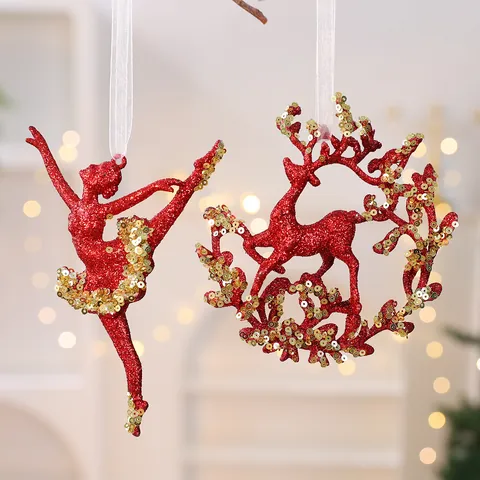 Christmas Red Glitter Sequins Hanging Ornaments Glitter Snowflake Reindeer Ballet Girl Bow Xmas Tree Party Decor Accessories