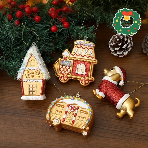 Adornos Colgantes de Navidad de Plástico Galvanizado Oro Hombre de Jengibre Casa Tren Caravana Decoración de Fiesta