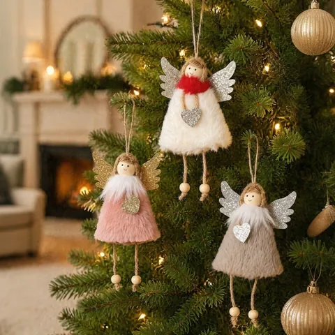 Plush Christmas Angel Ornament Heart Reindeer Wings Angel Girl Hanging Pendant For Christmas Tree Festive Party Home Window Decor