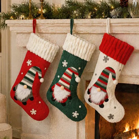 Fabric Christmas Stockings With Gnome Snowflake Bowknot Embroidery Holiday Gift Bag Hanging Ornament For Home Party Decoration