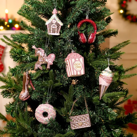 Electroplated Christmas Tree Hanging Ornaments Pink Red PVC Glitter Mitten Fox Donut Unicorn High Heels Party Decor