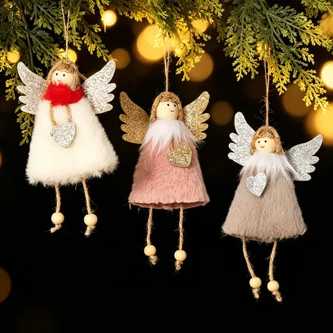 Plush Christmas Angel Ornament Heart Reindeer Wings Angel Girl Hanging Pendant For Christmas Tree Festive Party Home Window Decor