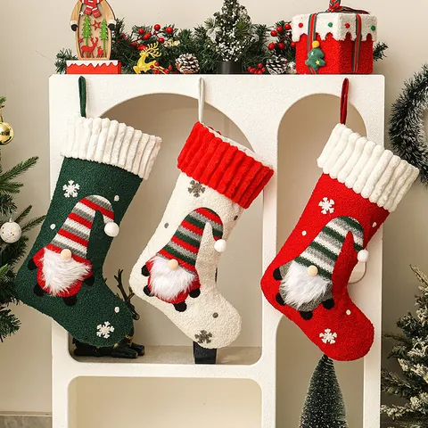 Fabric Christmas Stockings With Gnome Snowflake Bowknot Embroidery Holiday Gift Bag Hanging Ornament For Home Party Decoration