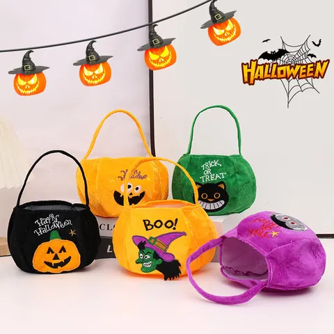 Halloween Candy Bag Plush Velvet Handheld Gift Pouch Kids Trick Or Treat Party Pumpkin Vampire Witch Portable