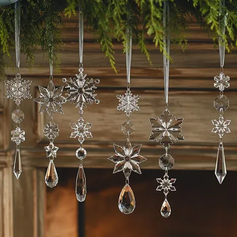 Heldere Roze Acryl Kerst Sneeuwvlok Hanger Ornamenten Kristal Ijskegel Ster Hangers Voor Kerstboom Feest Decoraties