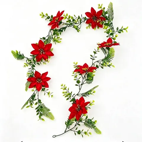 Artificial Christmas Poinsettia Eucalyptus Garland Silk Flower Red Green Leaves For Home Wall Hanging Stair Decoration