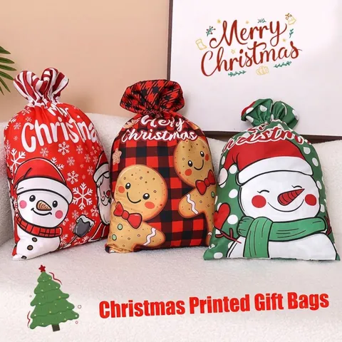 Large Christmas Drawstring Gift Bag Printed Polyester Sack For Holiday Party Favors Treats Santa Claus Snowman Pattern