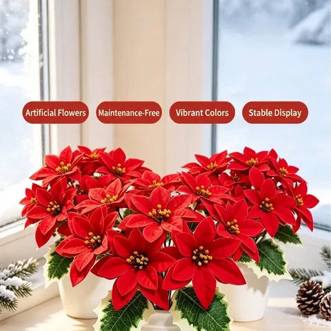 Artificial Christmas Poinsettia Flowers Velvet Red Christmas Flower Stems For Home Holiday Party Decoration Festive Floral Arrangement
