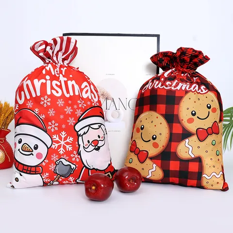 Large Christmas Drawstring Gift Bag Printed Polyester Sack For Holiday Party Favors Treats Santa Claus Snowman Pattern