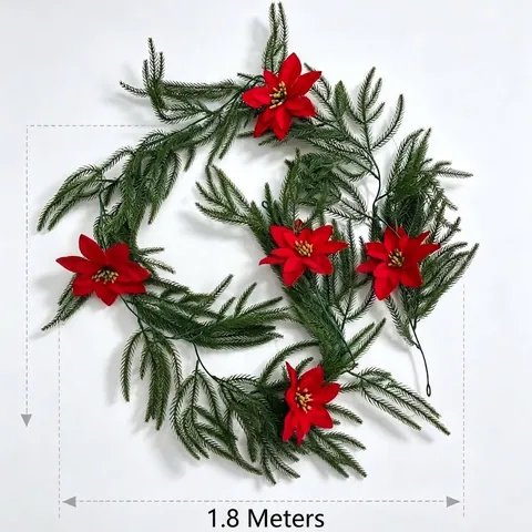 Guirlande de Noël Artificielle en Pin Avec Fleurs de Poinsettia Rouges Pour Porte d'Entrée Cheminée Mur Décoration de Fête Pin de Norfolk Verdure Ornement Maison