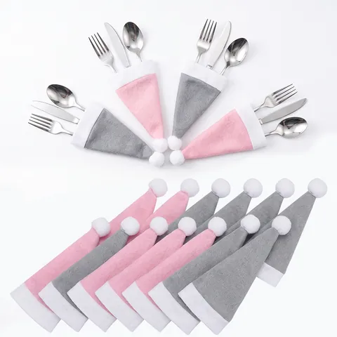 Mini Kerstmuts Bestekhouders Niet-geweven Stof Kerstmuts Wijnfleshoezen Kerstfeest Diner Tafeldecoraties Woonaccessoires