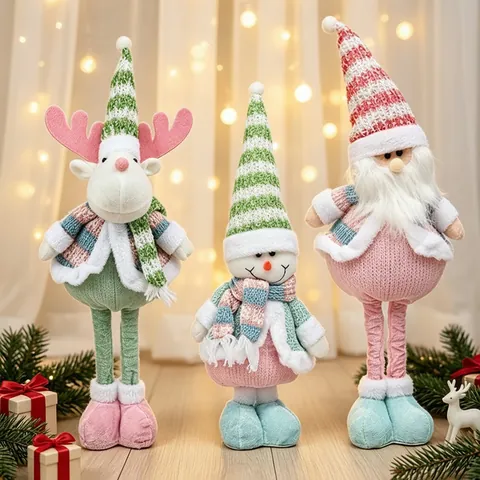 Christmas Retractable Legs Doll Ornament Candy Color Knitted Plush Toy Santa Snowman Reindeer Home Party Decoration