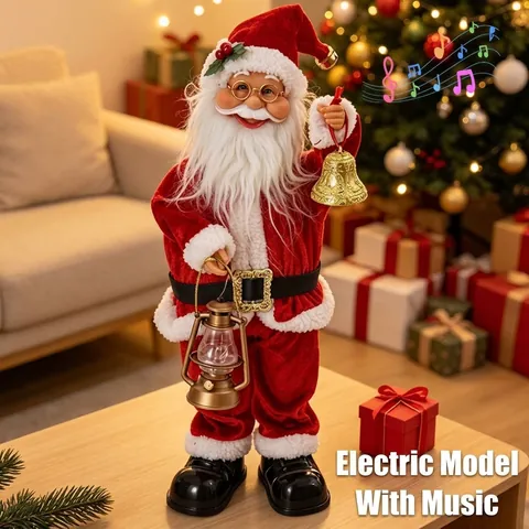 Electric Santa Claus Ornament With Music Red Velvet Standing Figurine For Christmas Party Holiday Decor High Grade Gift