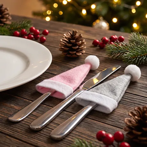 Mini Kerstmuts Bestekhouders Niet-geweven Stof Kerstmuts Wijnfleshoezen Kerstfeest Diner Tafeldecoraties Woonaccessoires