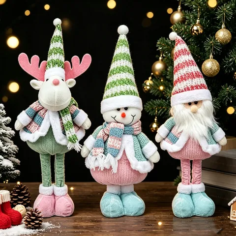 Christmas Retractable Legs Doll Ornament Candy Color Knitted Plush Toy Santa Snowman Reindeer Home Party Decoration