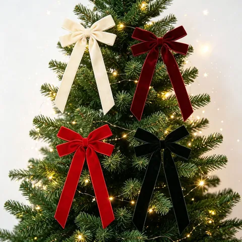 Velvet Christmas Tree Bow Pendant Hanging Decoration Festive Party Bowknot Ornament For Christmas Tree Home Decor Holiday Supplies Red Burgundy Green White