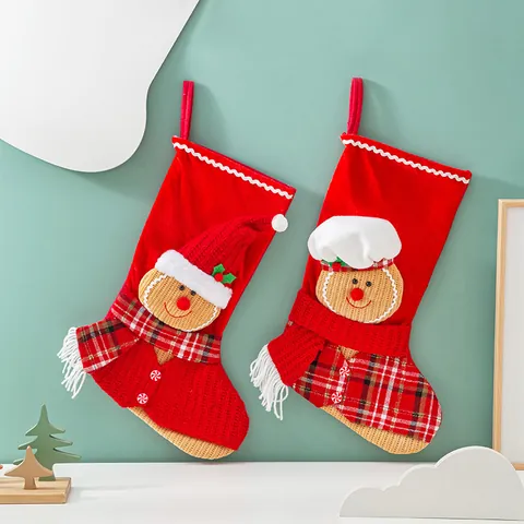 Lebkuchenmann Weihnachtssocke Große 3D Plüsch Geschenktüte Rot Samt Strick Süßigkeitentüte Für Festival Party Haus Weihnachtsbaum Dekoration