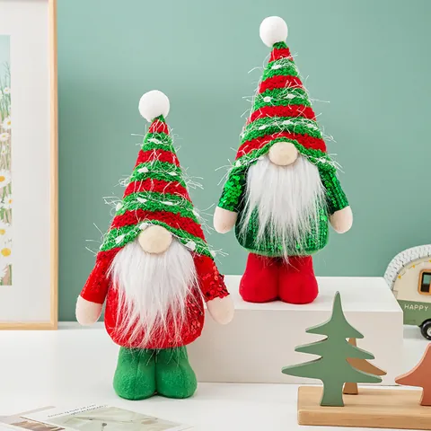 Standing Christmas Sequin Faceless Gnome Rudolph Doll Ornament Striped Knitted Hat Artificial Fur Beard Holiday Home Decor Figurine
