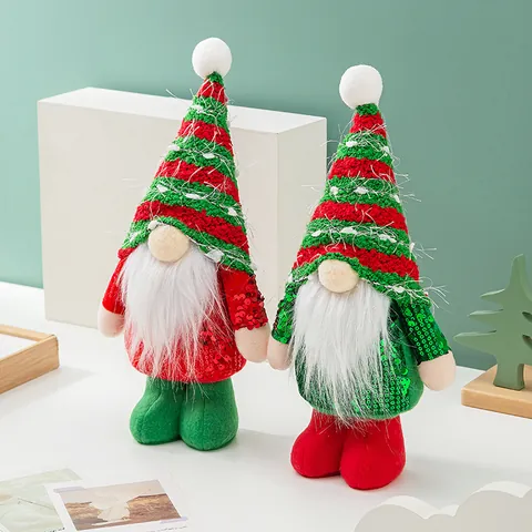 Standing Christmas Sequin Faceless Gnome Rudolph Doll Ornament Striped Knitted Hat Artificial Fur Beard Holiday Home Decor Figurine