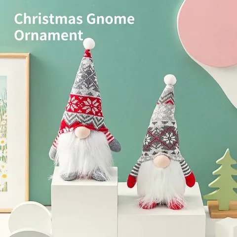 Nordic Christmas Gnome Figurine Faceless Old Man Plush Doll Knitted Snowflake Hat Rudolph Ornament For Home Desktop Window Decor