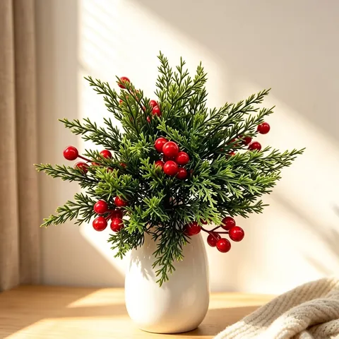 Artificial Christmas Pine Branches Red Berries DIY Flower Arrangement Stems For Home Table Decor Festive Decoration Plastic PE
