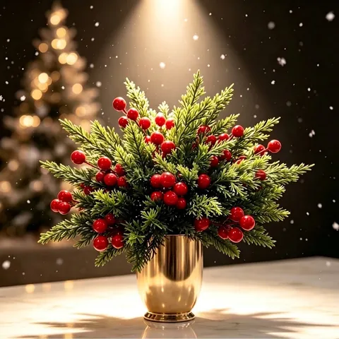 Artificial Christmas Pine Branches Red Berries DIY Flower Arrangement Stems For Home Table Decor Festive Decoration Plastic PE
