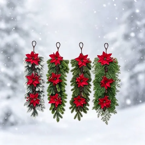 Artificial Christmas Wall Swag Garland With Red Poinsettias Pine Needles And Natural Cones For Front Door Home Hanging Decor