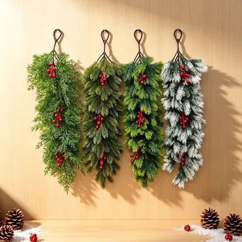 Artificial Christmas Greenery Wall Hanging Artificial Pine Cypress Leaves Red Berries Pinecone Door Decoration Christmas Decor