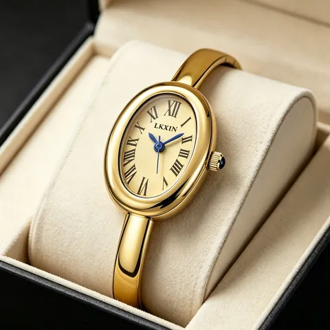 Luxury Women Oval Bangle Quartz Watch Vintage Roman Numeral Dial Alloy Bracelet Wristwatch With Blue Stone Crown For Lady