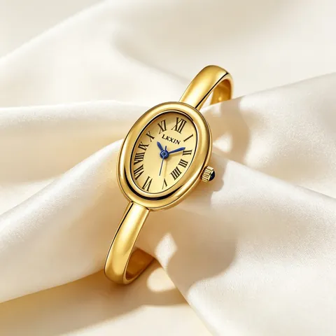 Luxury Women Oval Bangle Quartz Watch Vintage Roman Numeral Dial Alloy Bracelet Wristwatch With Blue Stone Crown For Lady