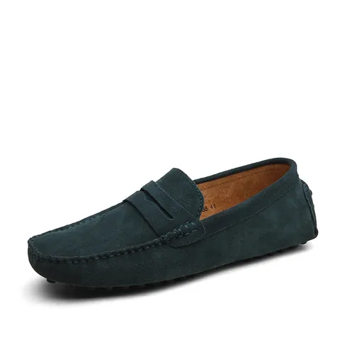 Men Casual Suede Cowhide Loafers Slip-on Driving Shoes Hand-stitched Moccasins Breathable Lightweight Comfortable Flat Shoes
