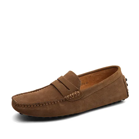 Men Casual Suede Cowhide Loafers Slip-on Driving Shoes Hand-stitched Moccasins Breathable Lightweight Comfortable Flat Shoes