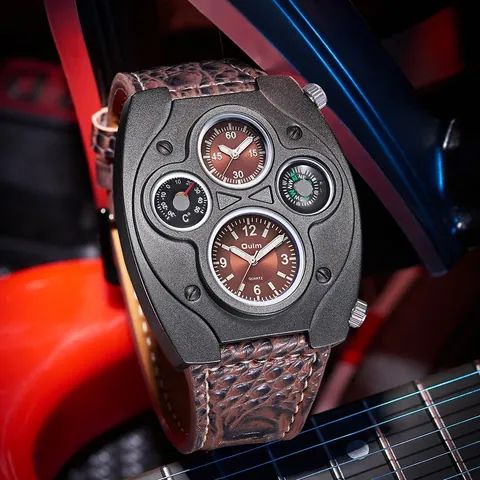 Reloj de Hombre Oulm Punk Outdoor Esfera Grande Brújula Termómetro Cuarzo Estilo Militar Caja de Aleación de Zinc Correa de Cuero Sintético