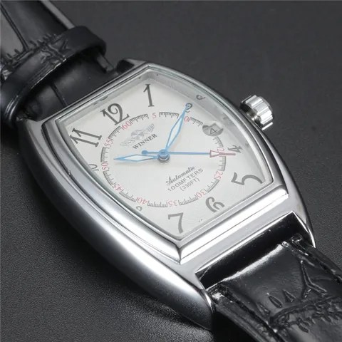 Winner Men Fashion Tonneau Automatic Mechanical Watch Alloy Case Leather Strap Date Water Resistant Business Wristwatch