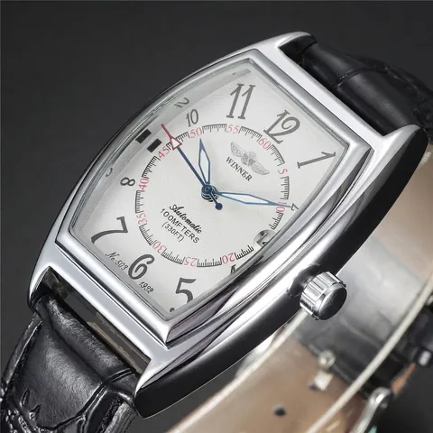 Winner Men Fashion Tonneau Automatic Mechanical Watch Alloy Case Leather Strap Date Water Resistant Business Wristwatch