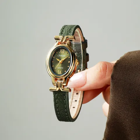 Reloj de Cuarzo Ovalado Elegante para Mujer Caja de Aleación de Zinc con Strass Correa de Cuero Metal Reloj Moda