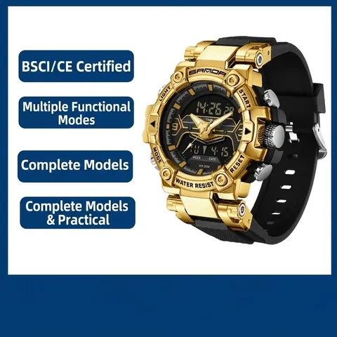 Men Sport Digital Analog Watch Waterproof Dual Display Luminous Hands Chronograph Alarm TPU Strap Outdoor Wristwatch