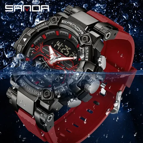 Men Sport Digital Analog Watch Waterproof Dual Display Luminous Hands Chronograph Alarm TPU Strap Outdoor Wristwatch