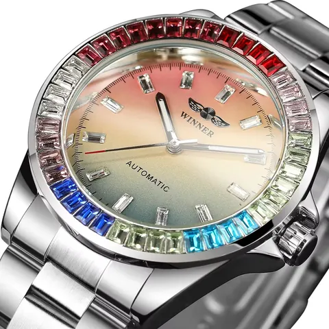 Men Automatic Mechanical Watch Rainbow Rhinestone Bezel Gradient Marble Dial Stainless Steel Band Fashion Luxury Wristwatch
