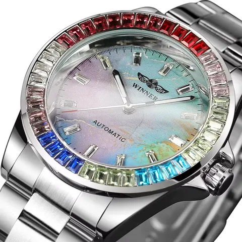 Men Automatic Mechanical Watch Rainbow Rhinestone Bezel Gradient Marble Dial Stainless Steel Band Fashion Luxury Wristwatch
