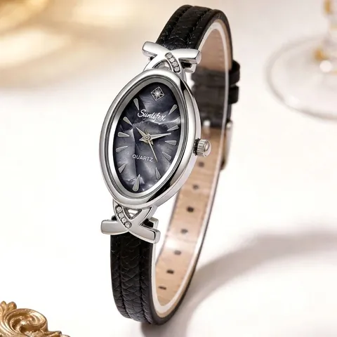 Reloj de Cuarzo Ovalado Elegante para Mujer Caja de Aleación de Zinc con Strass Correa de Cuero Metal Reloj Moda